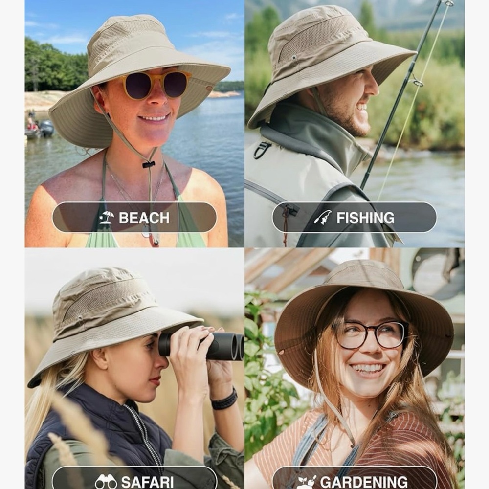 NEW TAN WIDE BRIM SUN BUCKET HAT, ONE SIZE, ADJUSTABLE STRAP/HEAD SIZE UPF 50 - Picture 10 of 10